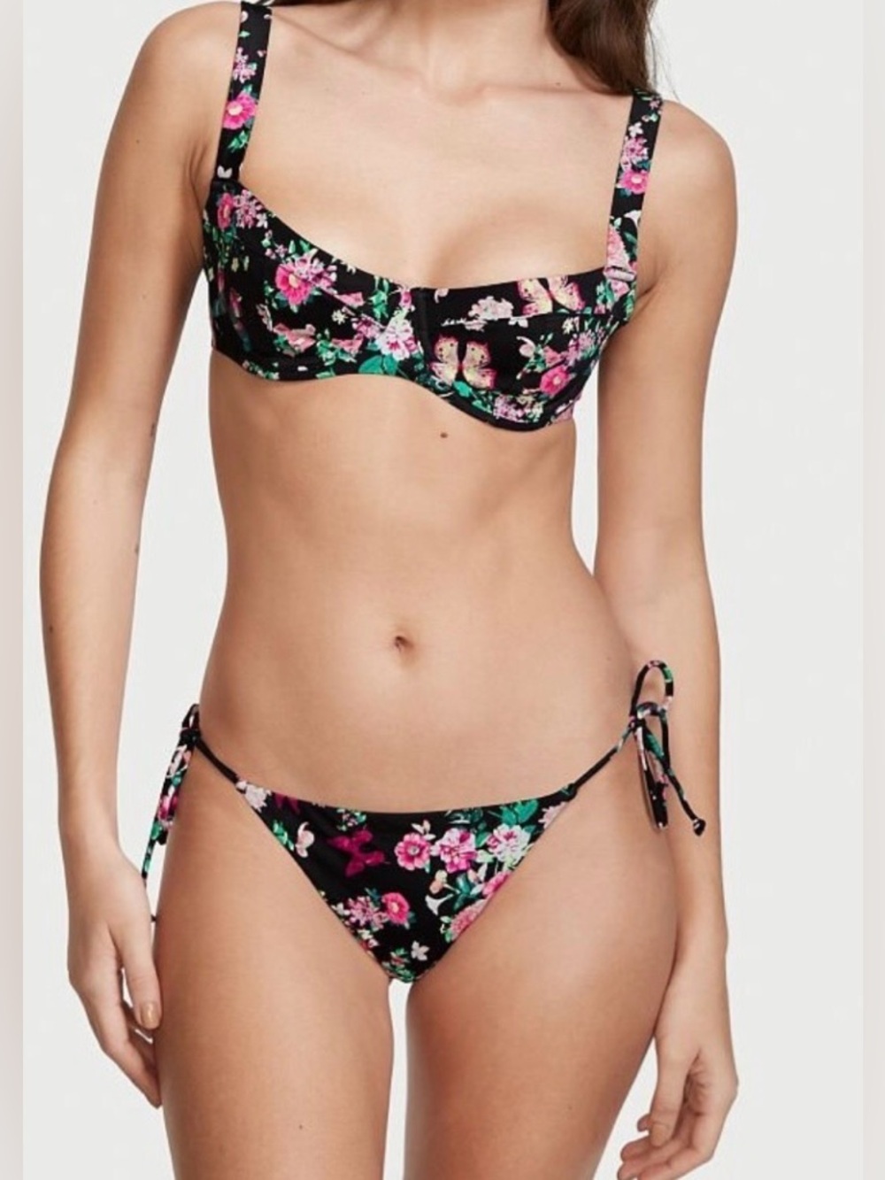 Victorias Secret Floral Black Bikini with Pink & Teal Accents